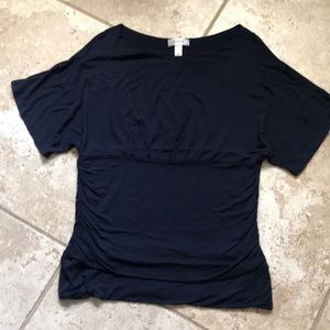 Navy Knit Blouse with Side Shirring